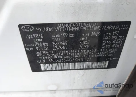 2019 Hyundai Santa Fe Sel from USA, damaged, VIN 5NMS33AD3KH111423